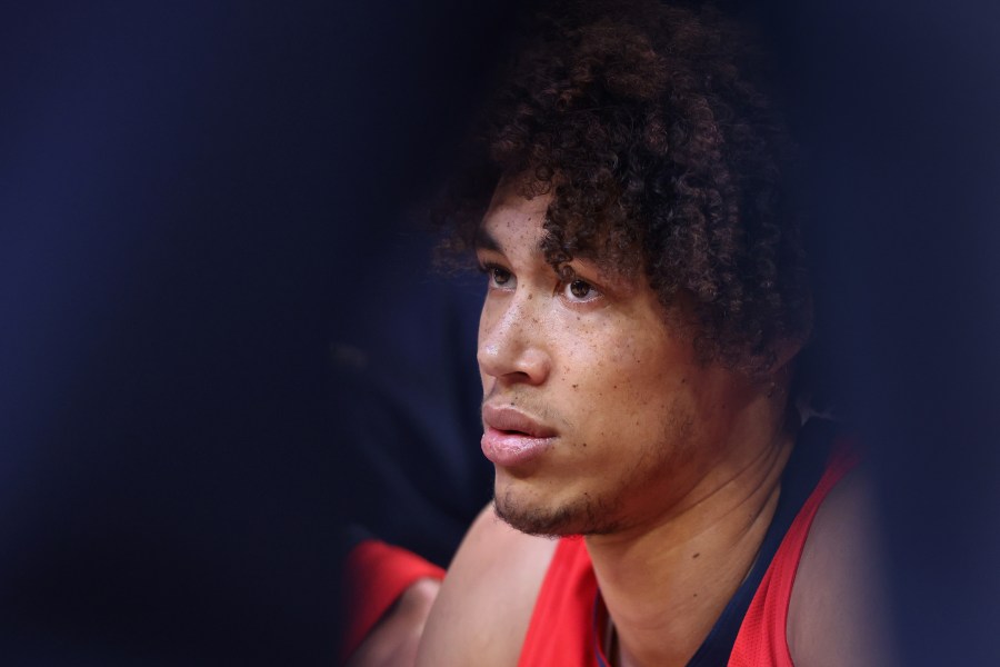 Jaxson Hayes of the New Orleans Pelicans watches from the bench during the second half of the NBA game against the Phoenix Suns at Footprint Center on Nov. 2, 2021 in Phoenix. (Christian Petersen/Getty Images)