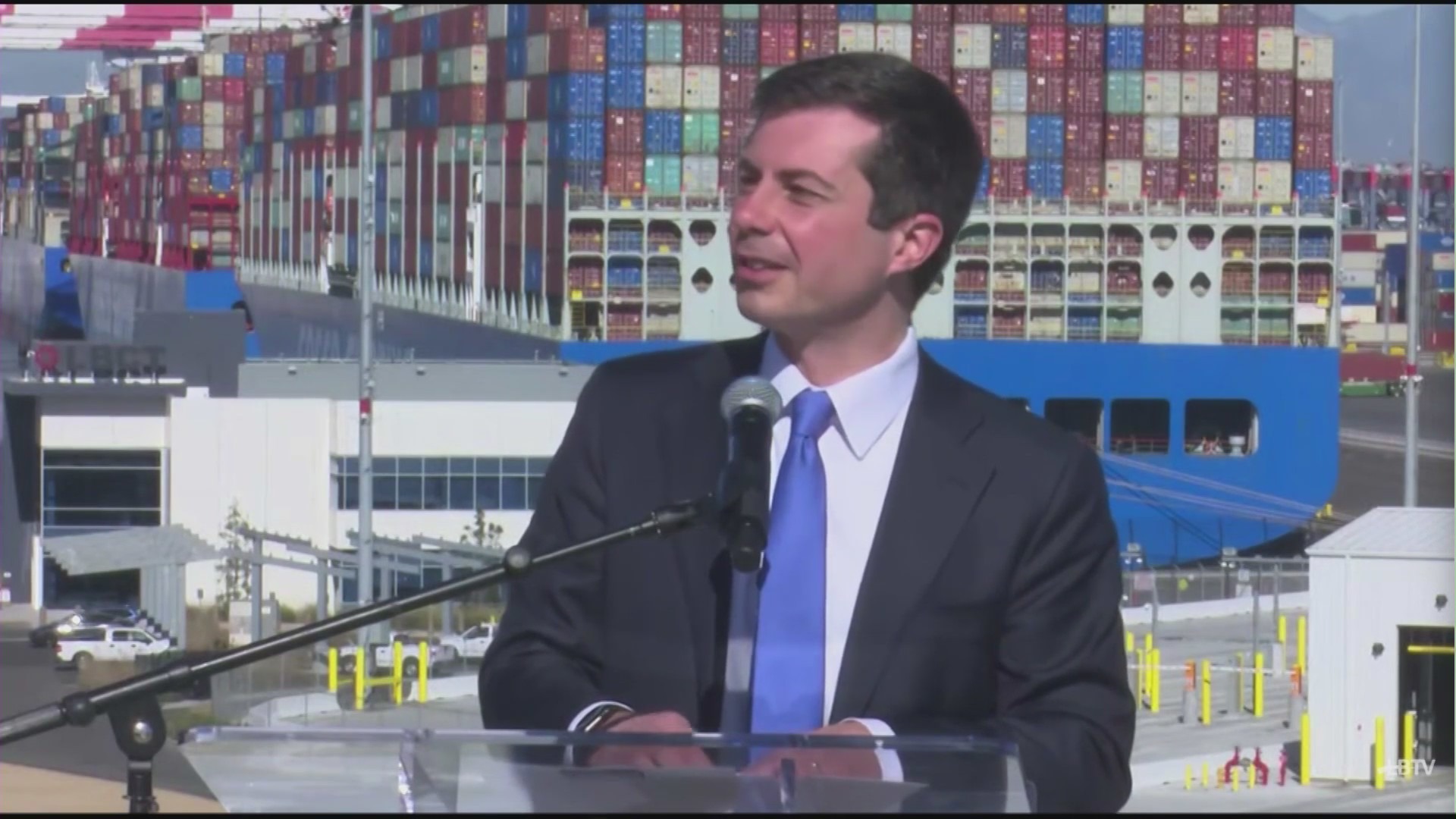 Transportation Secretary Pete Buttigieg visited the ports of Los Angeles and Long Beach on Jan. 11, 2022. (KTLA)