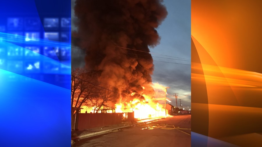 A fire on Jan. 12, 2022, claimed two buildings in Adelanto. (San Bernardino County Fire)