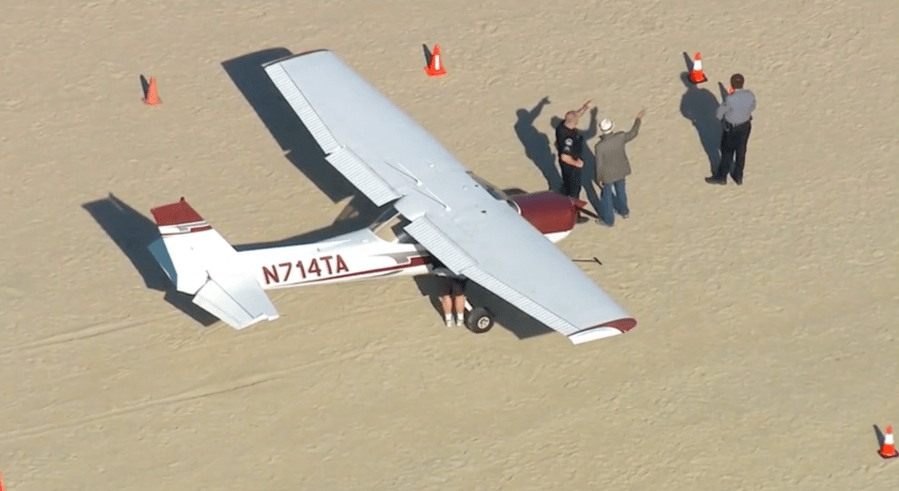 A small plane made an emergency landing on a Seal Beach shortline on Jan. 4, 2021. (KTLA)