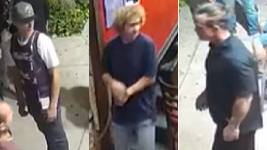 Three men suspected of attacking a father and son outside a Toluca Lake bar last summer are seen in photos released by LAPD on Jan. 20, 2022.