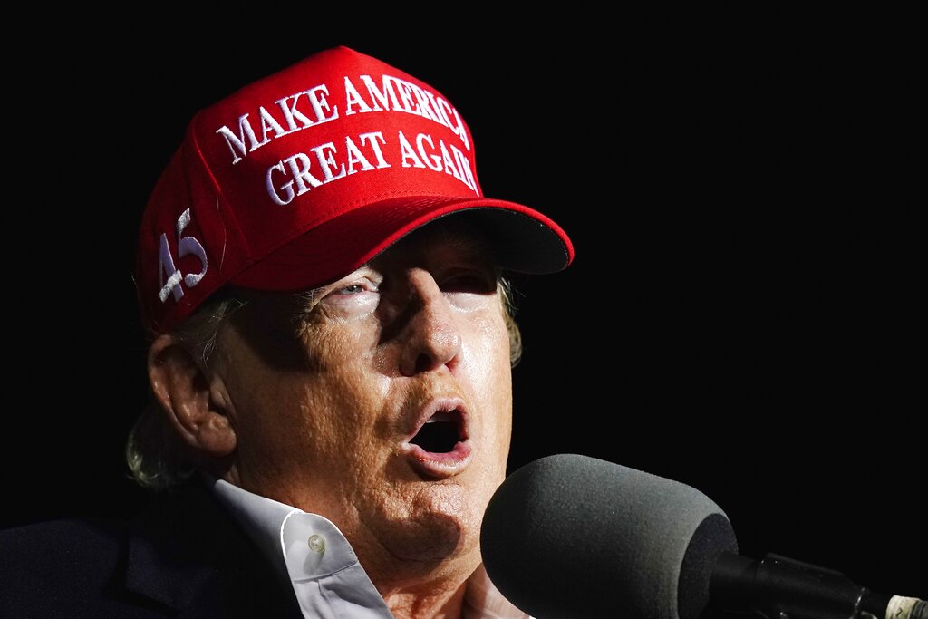 Former President Donald Trump speaks at rally Saturday, Jan. 15, 2022, in Florence, Ariz. (AP Photo/Ross D. Franklin)