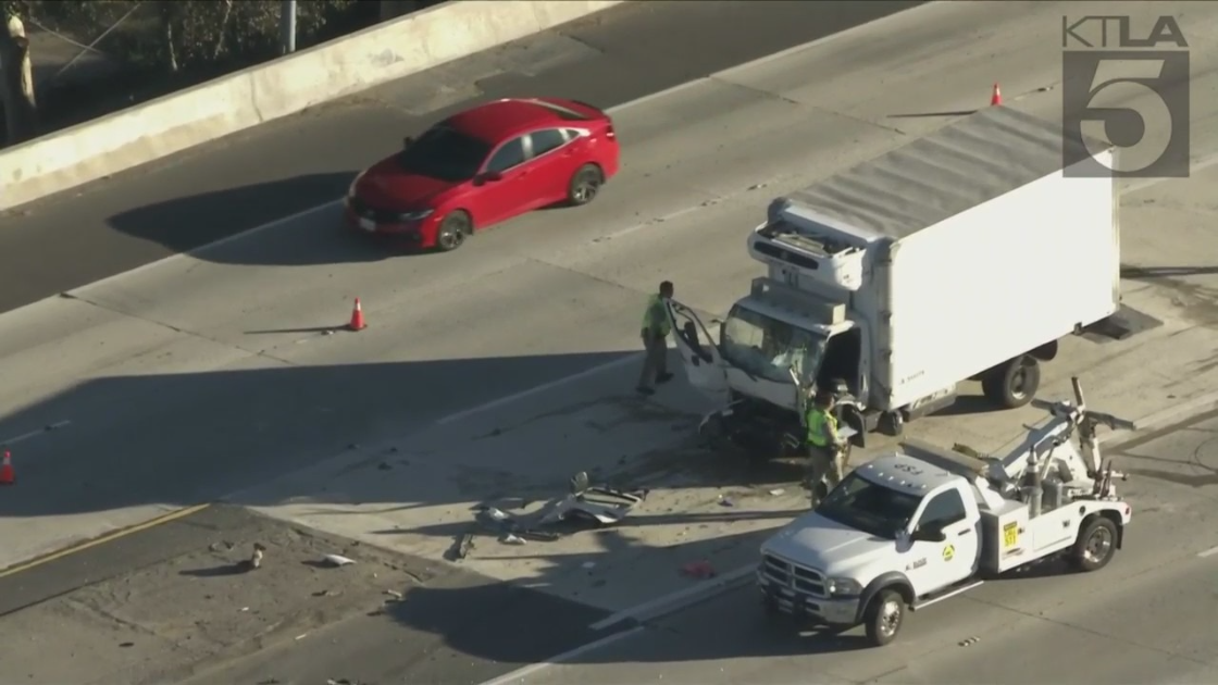 A box truck sustained major front-end damage in a fatal crash along the 118 Freeway on Jan. 24, 2022. (KTLA)