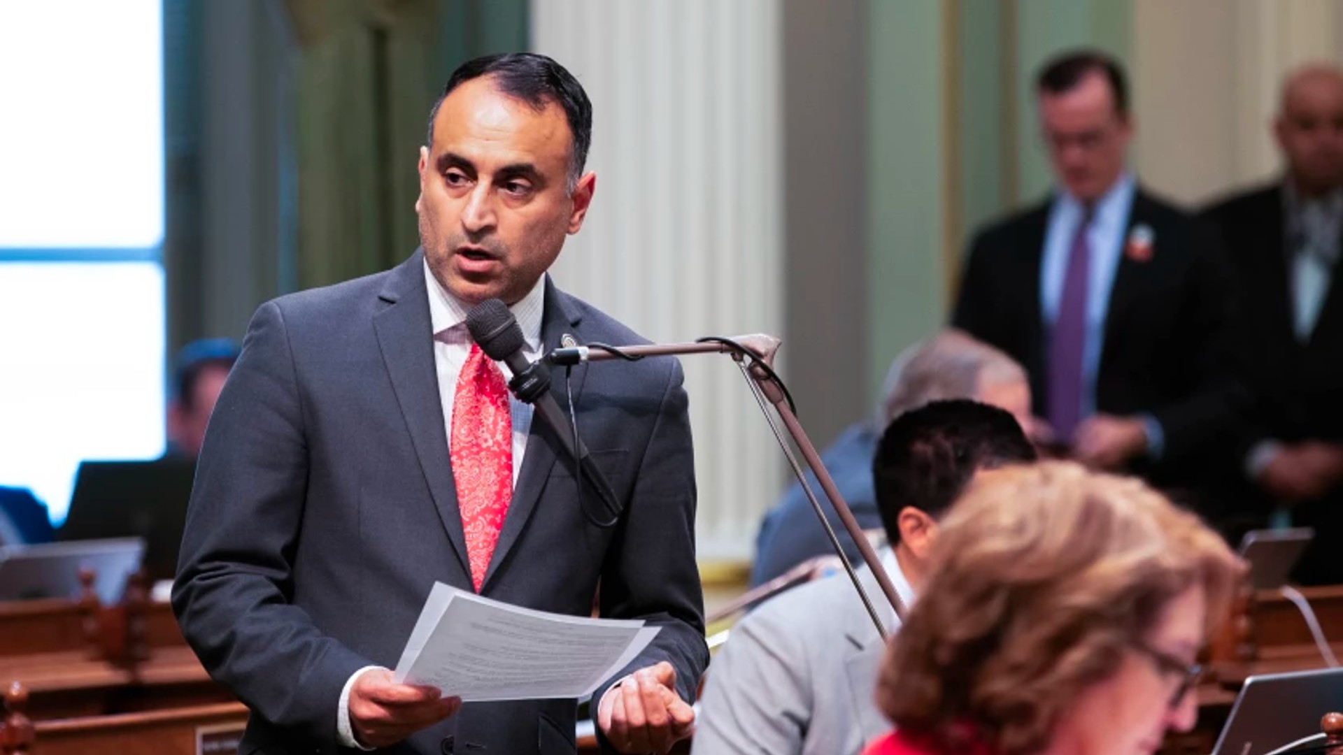 Assemblyman Ash Kalra (D-San Jose) discusses legislation during floor debate at the state Capitol on Aug. 29, 2019. (Robert Gourley / Los Angeles Times)