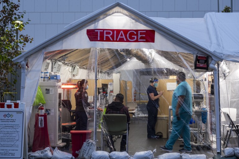 A triage tent sits outside the Emergency Department at MLK Community Hospital on Jan. 13, 2022.(Francine Orr/Los Angeles Times)