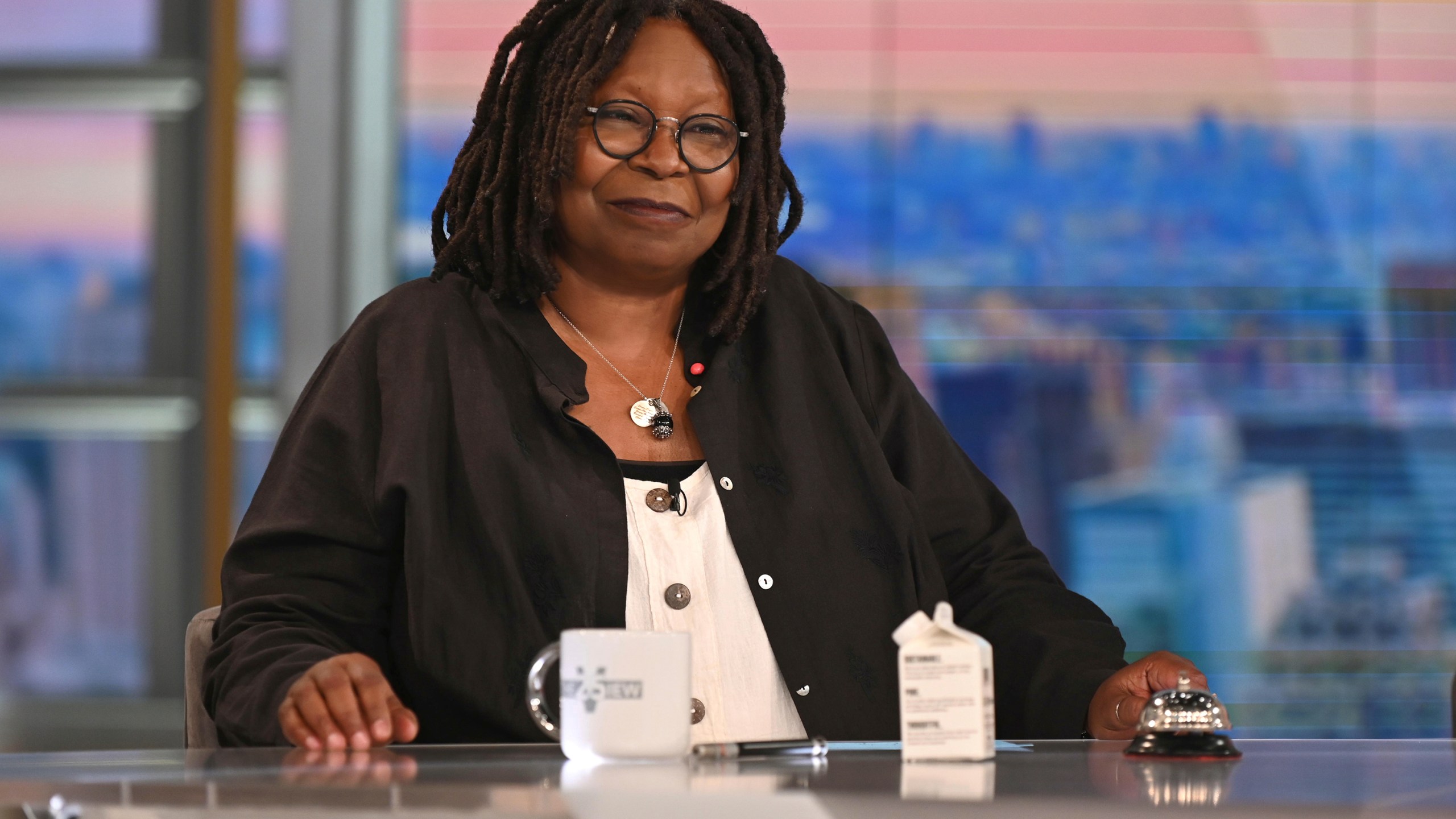 This image released by ABC shows co-host Whoopi Goldberg on the set of the daytime talk series "The View." Goldberg’s colleagues on the ”The View'' had virtually nothing to say Wednesday about her two-week suspension for her comments earlier this week on Jews and the Holocaust. At the top of the ABC talk show, co-host Joy Behar noted Goldberg’s absence and said simply with a tiny head tilt, “OK,” before moving on to other topics (Jenny Anderson/ABC via AP)