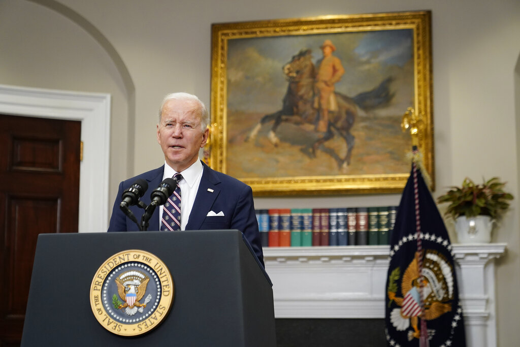 President Joe Biden speaks Thursday, Feb. 3, 2022, in the Roosevelt Room of the White House in Washington. (AP Photo/Patrick Semansky)