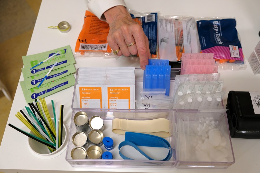 Supplies are shown on a desk at Safer Inside, a realistic model of a safe injection site in San Francisco, on Aug. 29, 2018. (AP Photo/Eric Risberg, File)