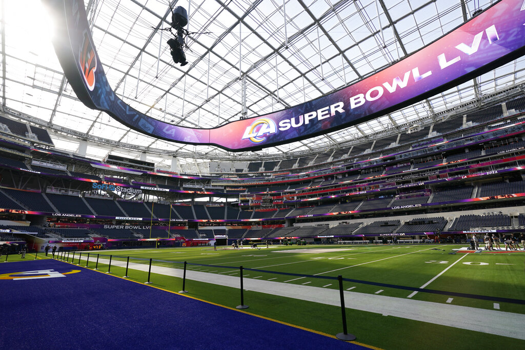 The interior of SoFi Stadium is seen days before the Super Bowl NFL football game Tuesday, Feb. 8, 2022, in Inglewood, Calif. The Los Angeles Rams are scheduled to play the Cincinnati Bengals in the Super Bowl on Sunday, Feb. 13. (AP Photo/Marcio Jose Sanchez)