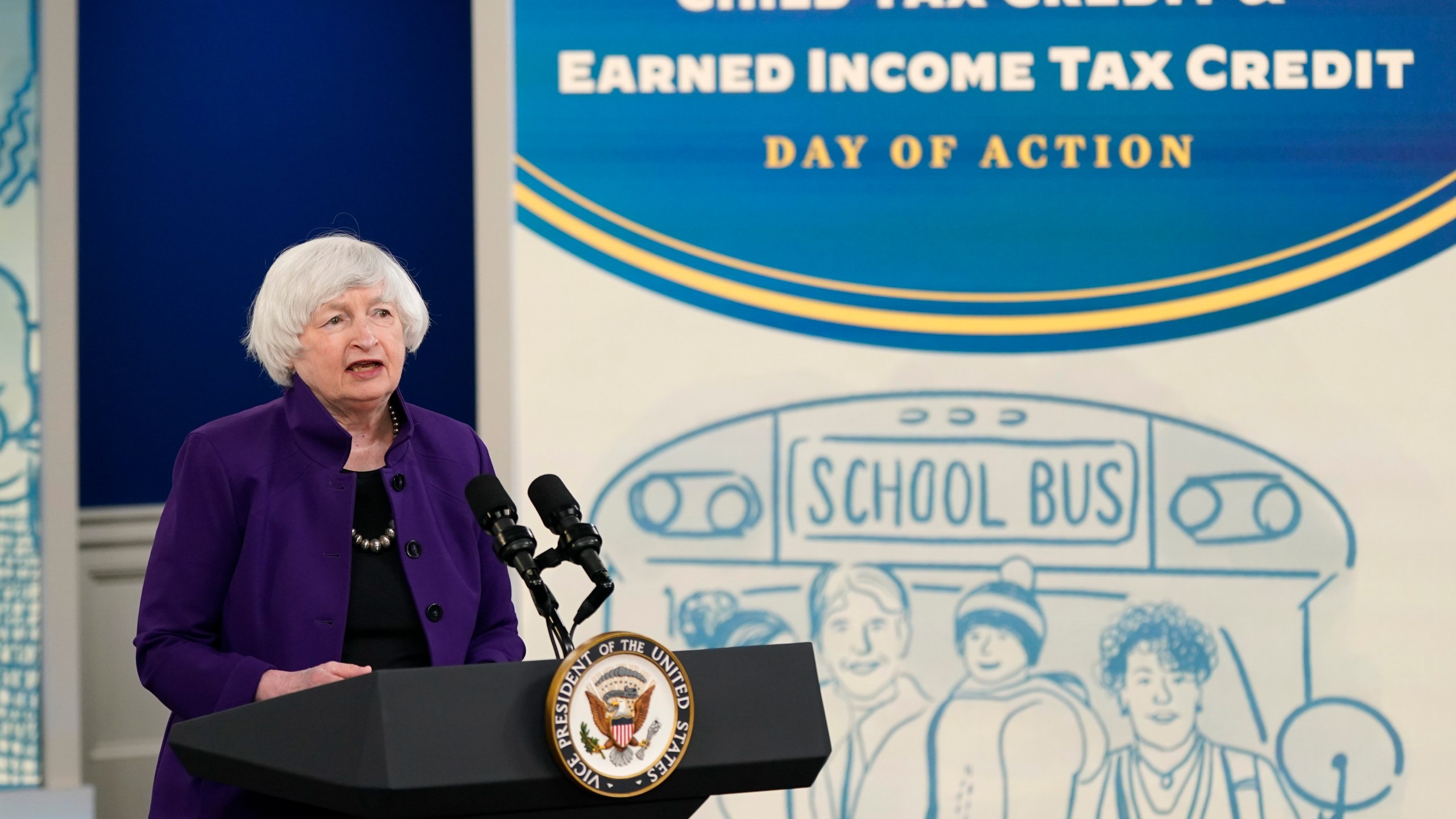 Treasury Secretary Janet Yellen encourages Americans to take advantage of tax credits, including the expanded Child Tax Credit and Earned Income Tax Credit, in the South Court Auditorium on the White House campus, Tuesday, Feb. 8, 2022, in Washington. (AP Photo/Patrick Semansky)