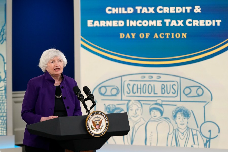 Treasury Secretary Janet Yellen encourages Americans to take advantage of tax credits, including the expanded Child Tax Credit and Earned Income Tax Credit, in the South Court Auditorium on the White House campus, Tuesday, Feb. 8, 2022, in Washington. (AP Photo/Patrick Semansky)