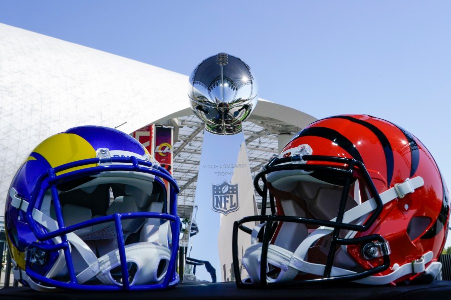 The Vince Lombardi Trophy is seen before NFL Commissioner Roger Goodell addresses the media at a news conference Wednesday, Feb. 9, 2022, in Inglewood, Calif. (AP Photo/Morry Gash)