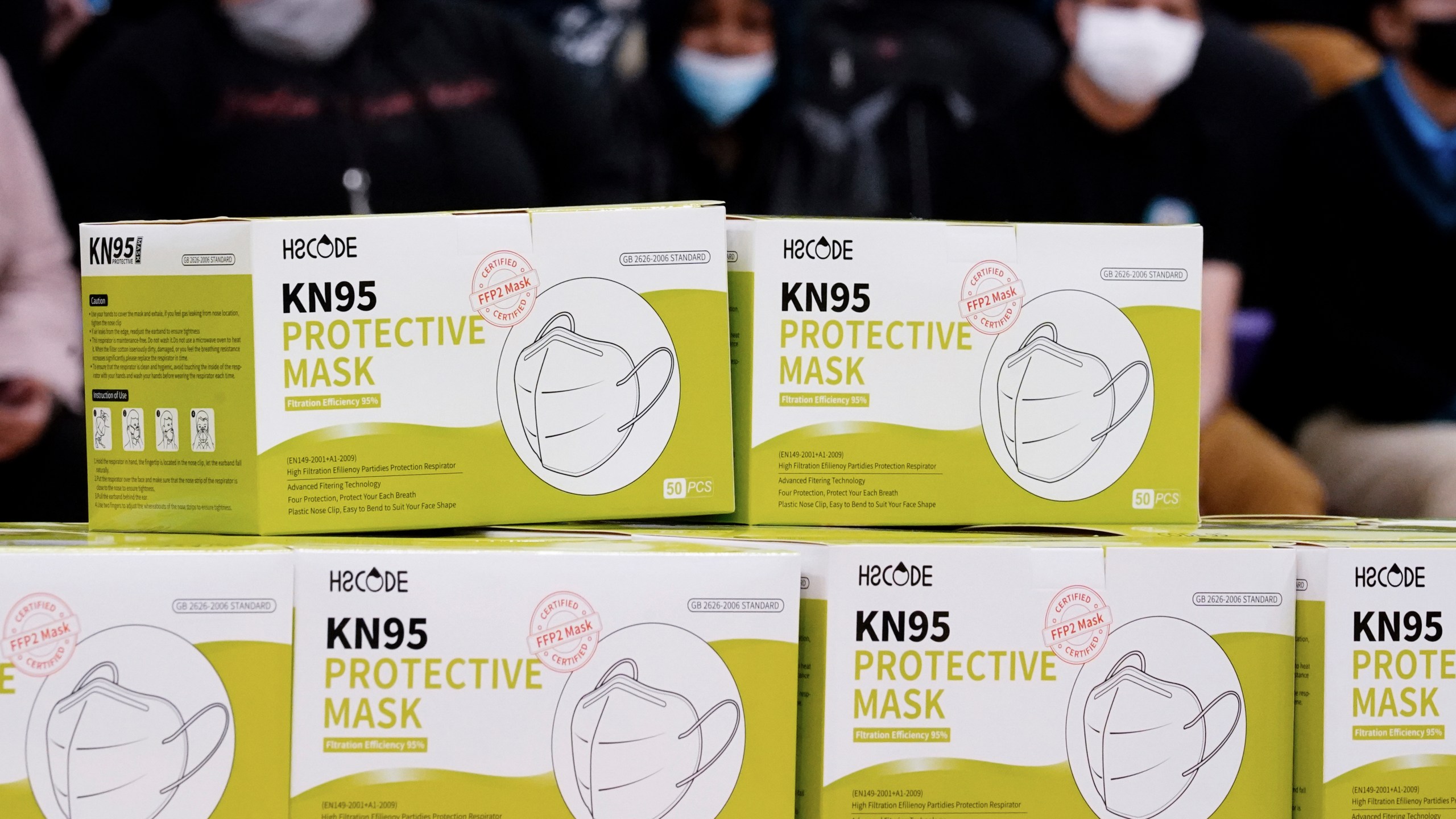 Shown are KN95 protective masks before being distributed to students at Camden High School in Camden, N.J., Wednesday, Feb. 9, 2022. As the omicron wave of the coronavirus subsides, several U.S. states including New York and Illinois ended mask mandates this week for indoor settings, while others lifted requirements at schools. (AP Photo/Matt Rourke)