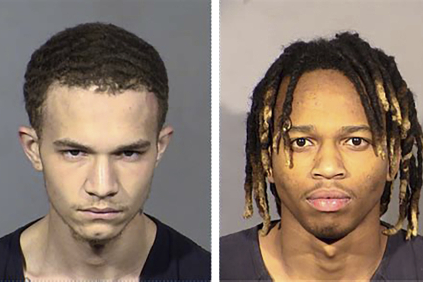 These Dec. 31, 2021, photos released by Las Vegas Metropolitan Police Department show Jordan Ruby, 18, left and Jesani Carter, 20, right, at the Clark County jail in Las Vegas. (Las Vegas Metropolitan Police Department via Associated Press)