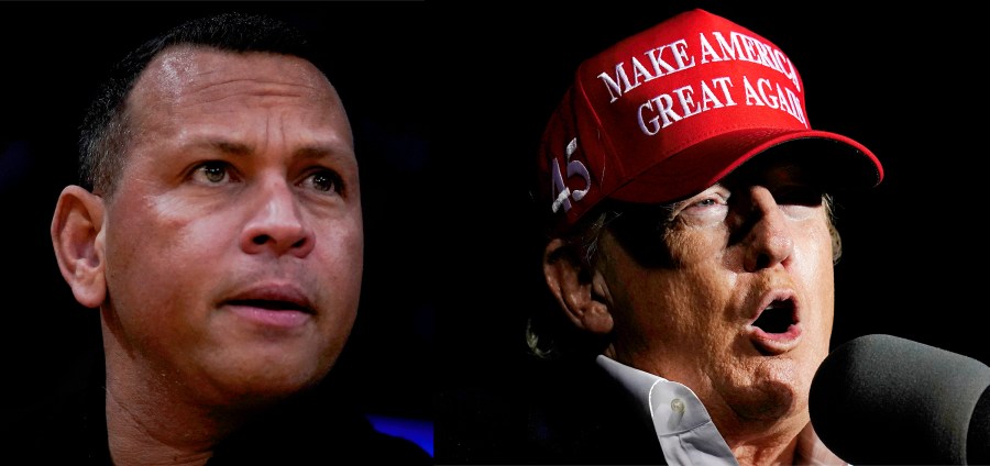 This photo combo shows former slugger Alex Rodriguez, left, and former President Donald Trump. (Jae C. Hong, Ross D. Franklin/Associated Press)