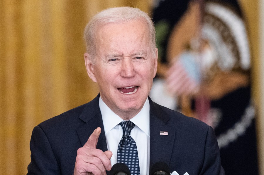 President Joe Biden speaks about Ukraine in the East Room of the White House, Tuesday, Feb. 15, 2022, in Washington. (AP Photo/Alex Brandon)