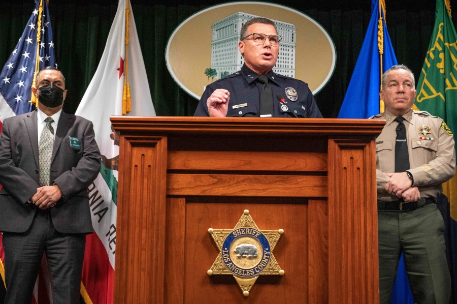 Los Angeles Police Department Deputy Chief Kris Pitcher and l.A. County Sheriff Alex Villanueva hold a news conference on a week-long statewide operation aimed at combating human trafficking on Feb. 15, 2022 in Los Angeles. (Sarah Reingewirtz/The Orange County Register via AP)