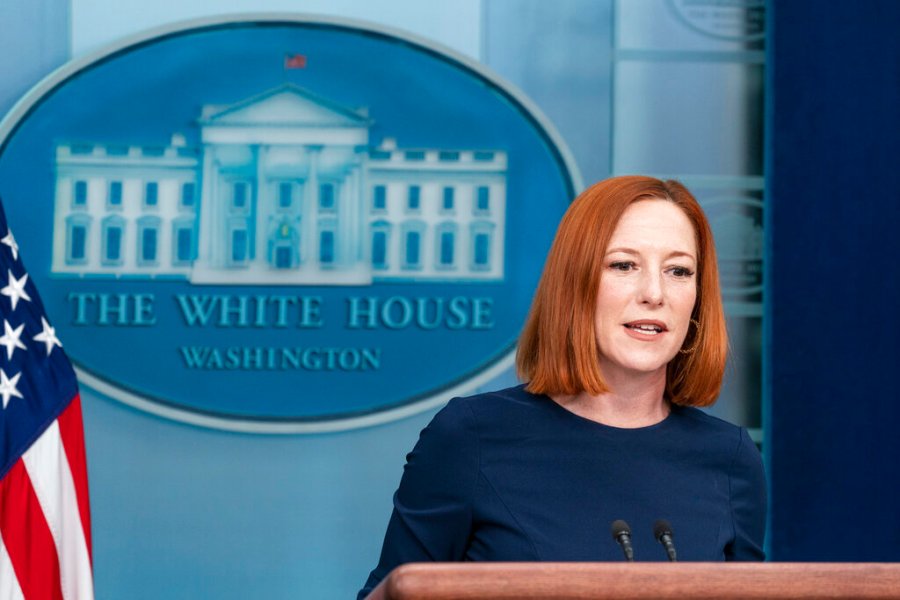 White House press secretary Jen Psaki speaks with reporters in the James Brady Press Briefing Room at the White House, Tuesday, Feb. 22, 2022, in Washington. (AP Photo/Alex Brandon)