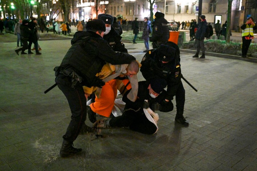 Police officers detain demonstrators in Moscow, Russia, Thursday, Feb. 24, 2022, after Russia's attack on Ukraine. Hundreds of people gathered in the center of Moscow on Thursday, protesting against Russia's attack on Ukraine. Many of the demonstrators were detained. Similar protests took place in other Russian cities, and activists were also arrested. (AP Photo/Dmitry Serebryakov)