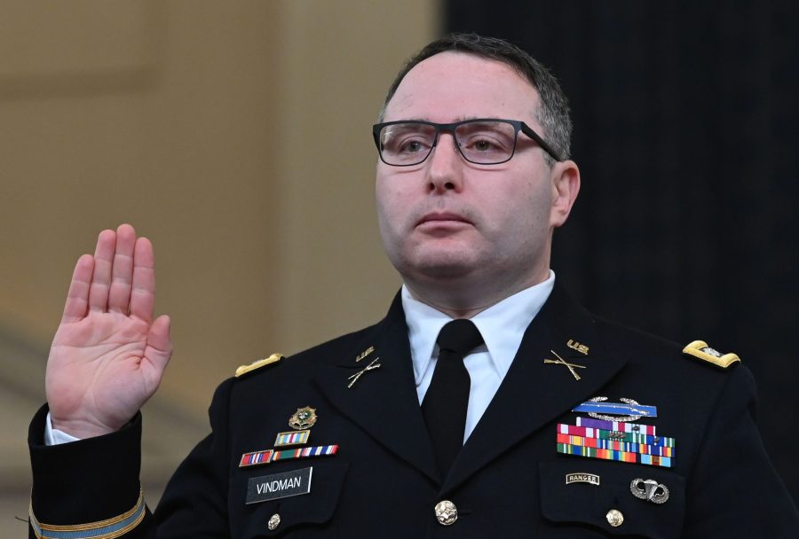 National Security Council Ukraine expert Lieutenant Colonel Alexander Vindman takes the oath before he testifies before the House Intelligence Committee, on Capitol Hill in Washington, DC on November 19, 2019. - (ANDREW CABALLERO-REYNOLDS/AFP via Getty Images)