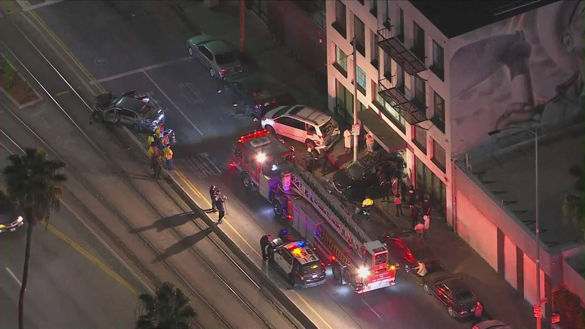 A Feb. 4, 2022, car crash appeared to send vehicles into a building in Historic South-Central. (KTLA)