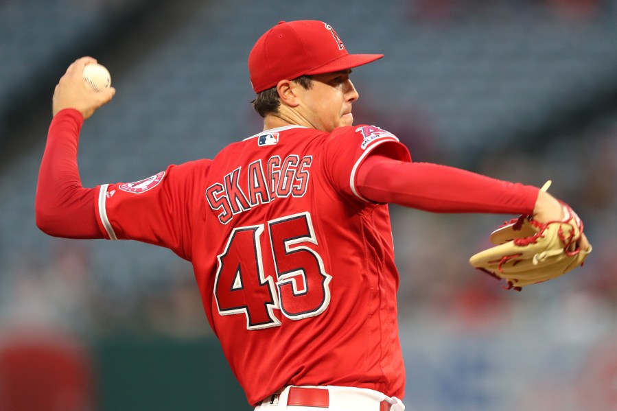 Tyler Skaggs of the Los Angeles Angels of Anaheim pitches during the first inning of a game against the Oakland Athletics at Angel Stadium on June 6, 2019. (Sean M. Haffey/Getty Images)