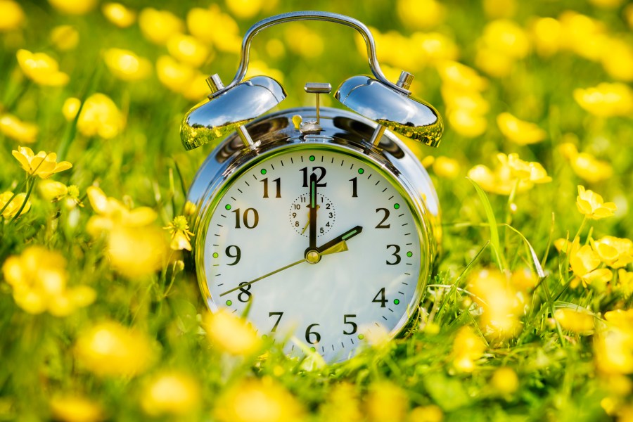 A clock is seen surrounded by flowers. (iStock/Getty Images Plus)