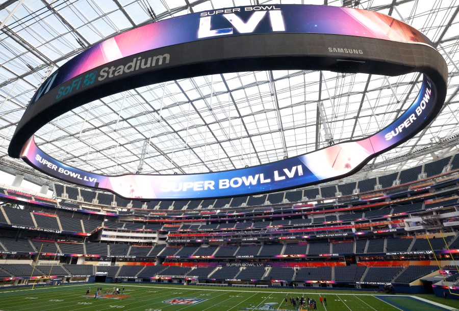 A view of SoFi Stadium as workers prepare for Super Bowl LVI on Feb. 1, 2022 in Inglewood. (Ronald Martinez/Getty Images)