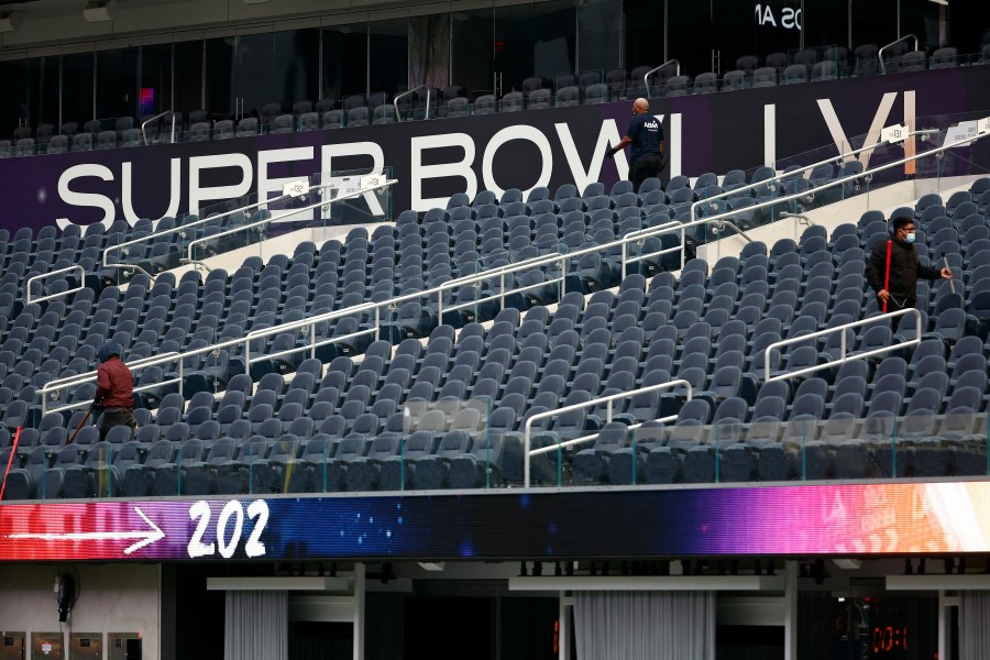 A view of SoFi Stadium as workers prepare for Super Bowl LVI on February 01, 2022 in Inglewood. (Ronald Martinez/Getty Images)