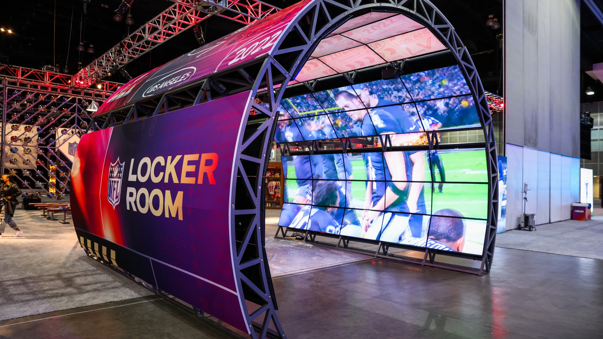 Exhibitions and interactive fan attractions are seen during a press preview of the Super Bowl Experience Presented by Lowe’s at Los Angeles Convention Center on Feb. 4, 2022 in Los Angeles. (Rich Fury/Getty Images)