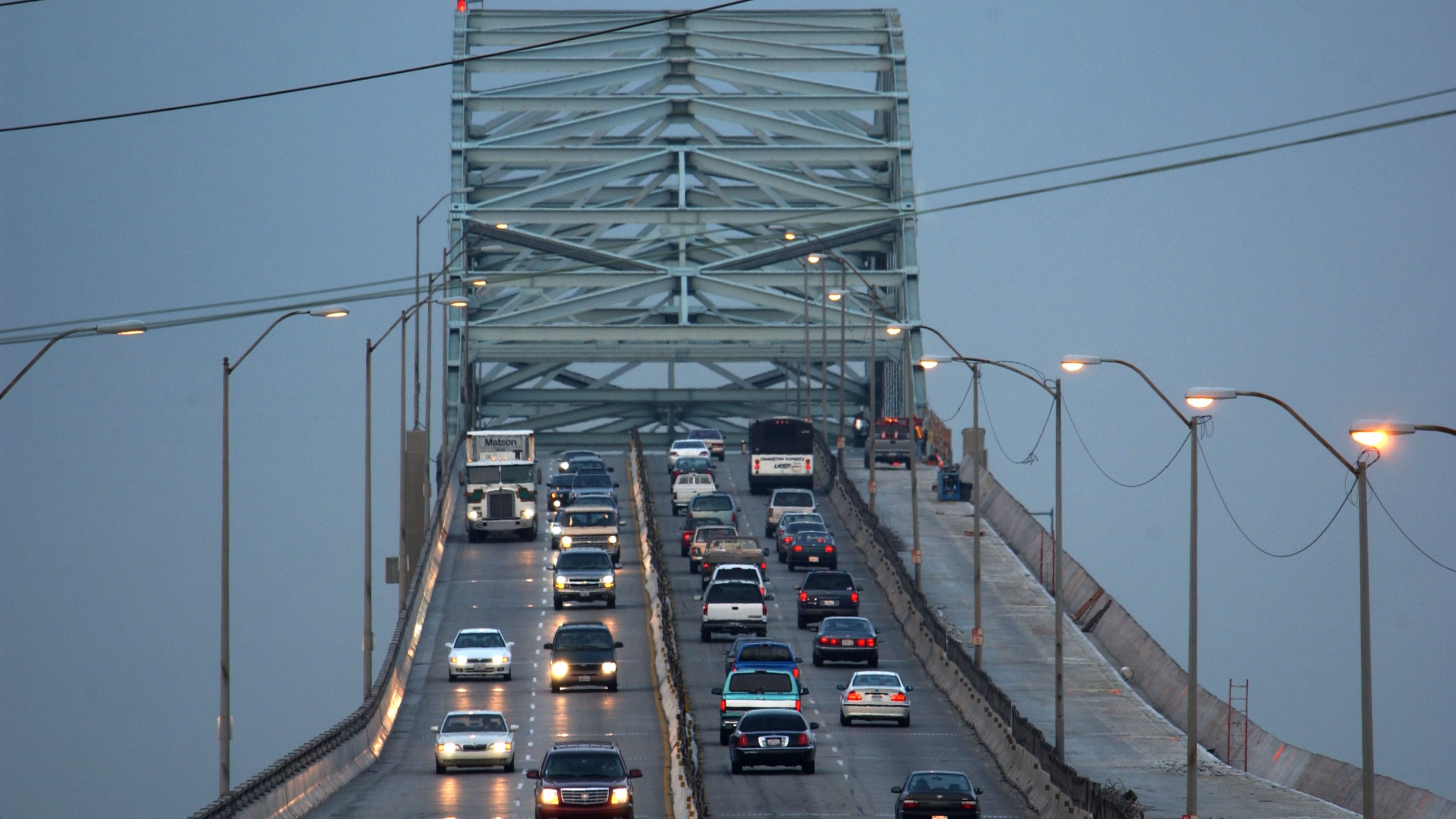 Traffic on Long Beach's Gerald Desmond Bridge passes over the ports of Long Beach and Los Angeles in an undated photo. (David McNew/Getty Images)