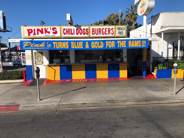 Pink's Hot Dogs is pictured in Rams colors ahead of the Super Bowl in a photo shared to KTLA on Feb. 3, 2022. (Pink's Hot Dogs)