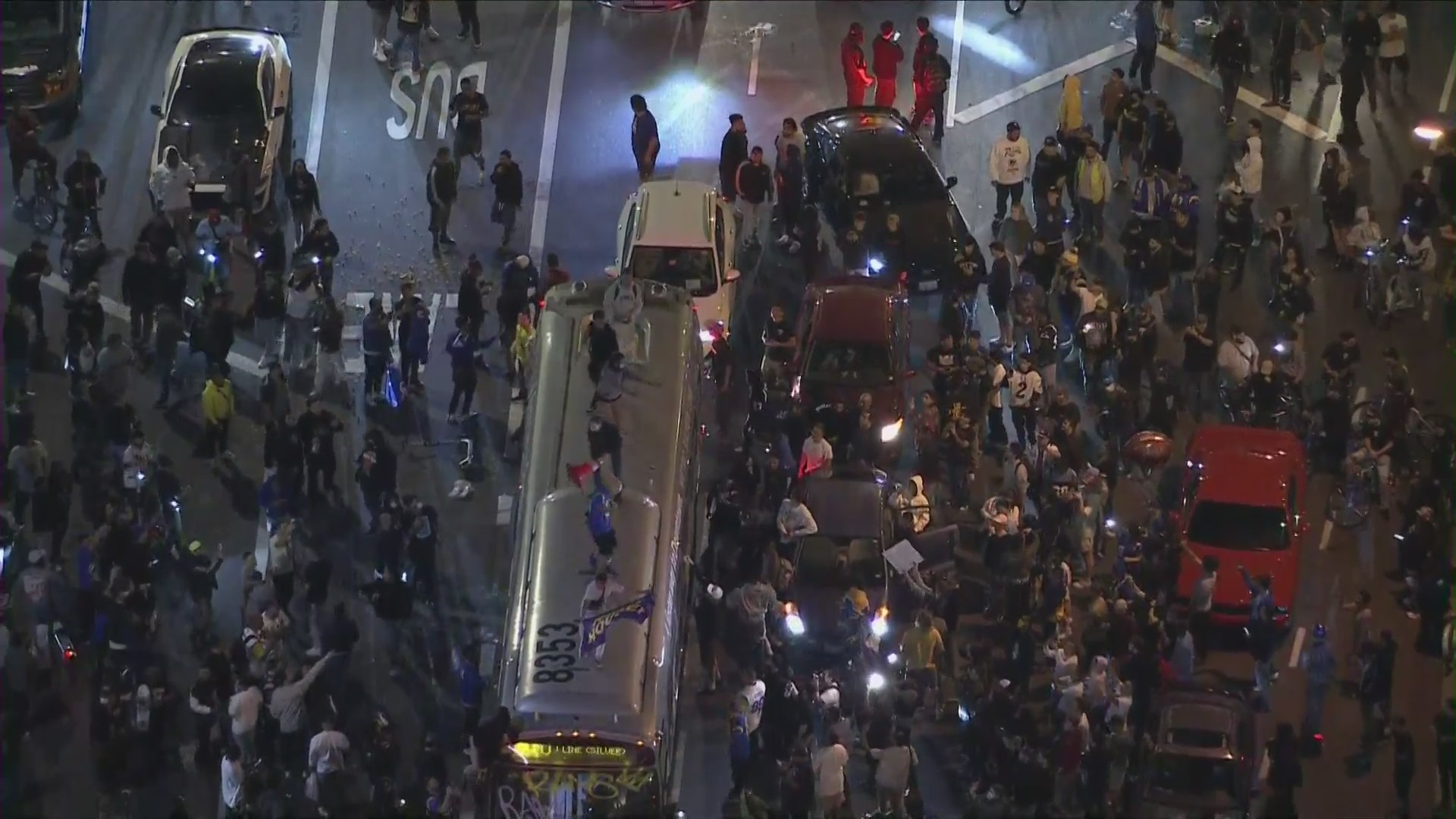 Rams fans took to the streets after winning Super Bowl LVI on Feb. 13, 2022. (KTLA)