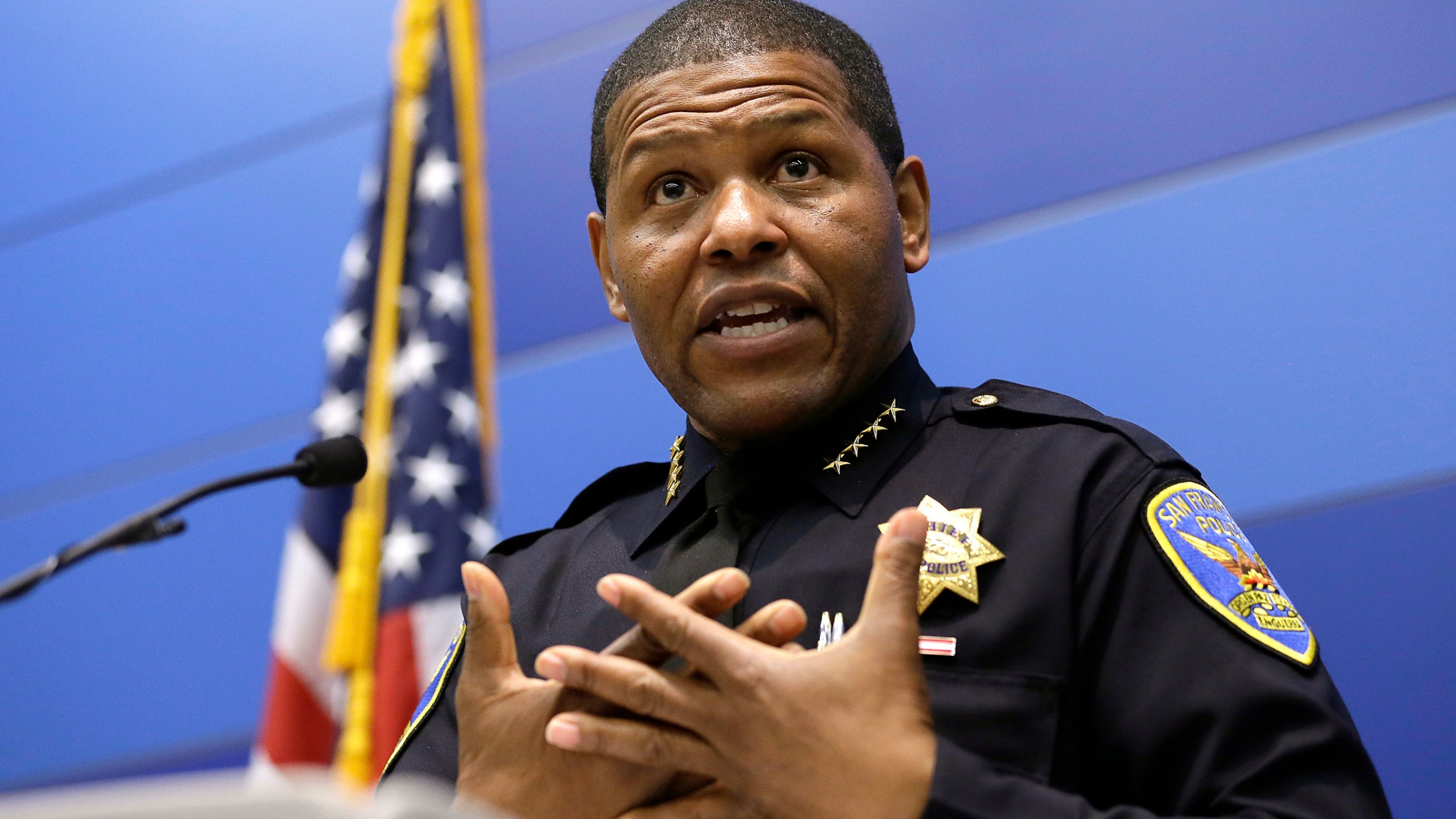 San Francisco Police Chief William Scott answers questions during a news conference on May 21, 2019, in San Francisco. San Francisco's police chief is terminating an agreement allowing the DA's office to investigate police shootings and in-custody deaths, citing serious concerns over the office's impartiality. (AP Photo/Eric Risberg, File)