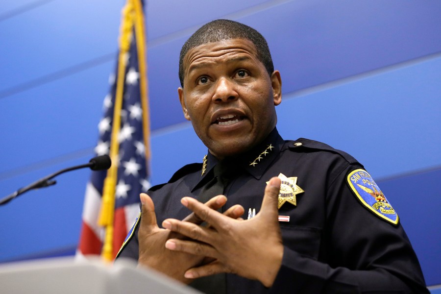 San Francisco Police Chief William Scott answers questions during a news conference on May 21, 2019, in San Francisco. San Francisco's police chief is terminating an agreement allowing the DA's office to investigate police shootings and in-custody deaths, citing serious concerns over the office's impartiality. (AP Photo/Eric Risberg, File)