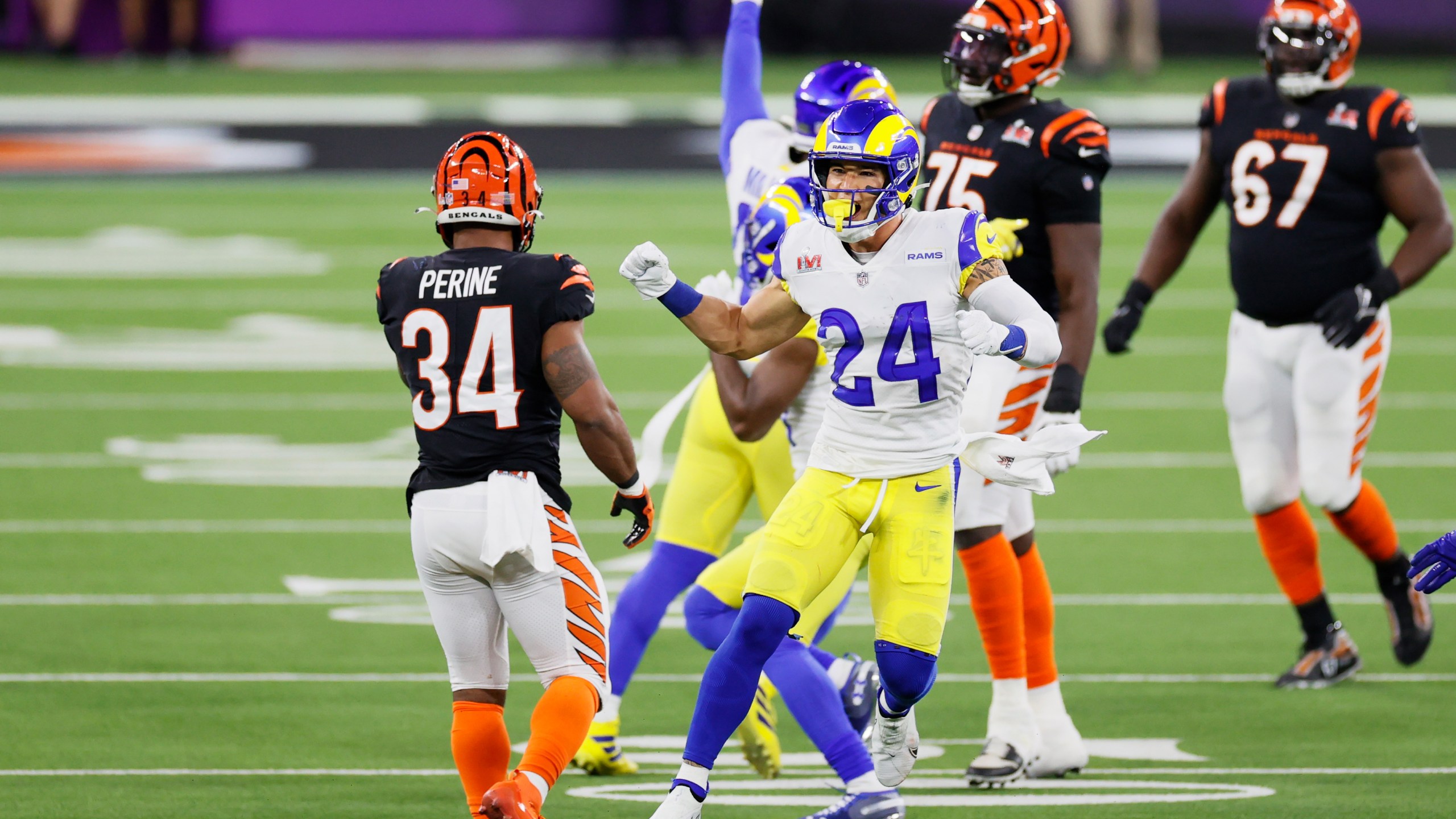 Taylor Rapp #24 of the Los Angeles Rams reacts in the fourth quarter of the game against the Cincinnati Bengals during the Super Bowl LVI at SoFi Stadium on February 13, 2022 in Inglewood, California. (Steph Chambers/Getty Images)