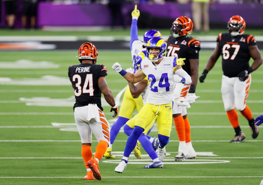 Taylor Rapp #24 of the Los Angeles Rams reacts in the fourth quarter of the game against the Cincinnati Bengals during the Super Bowl LVI at SoFi Stadium on February 13, 2022 in Inglewood, California. (Steph Chambers/Getty Images)