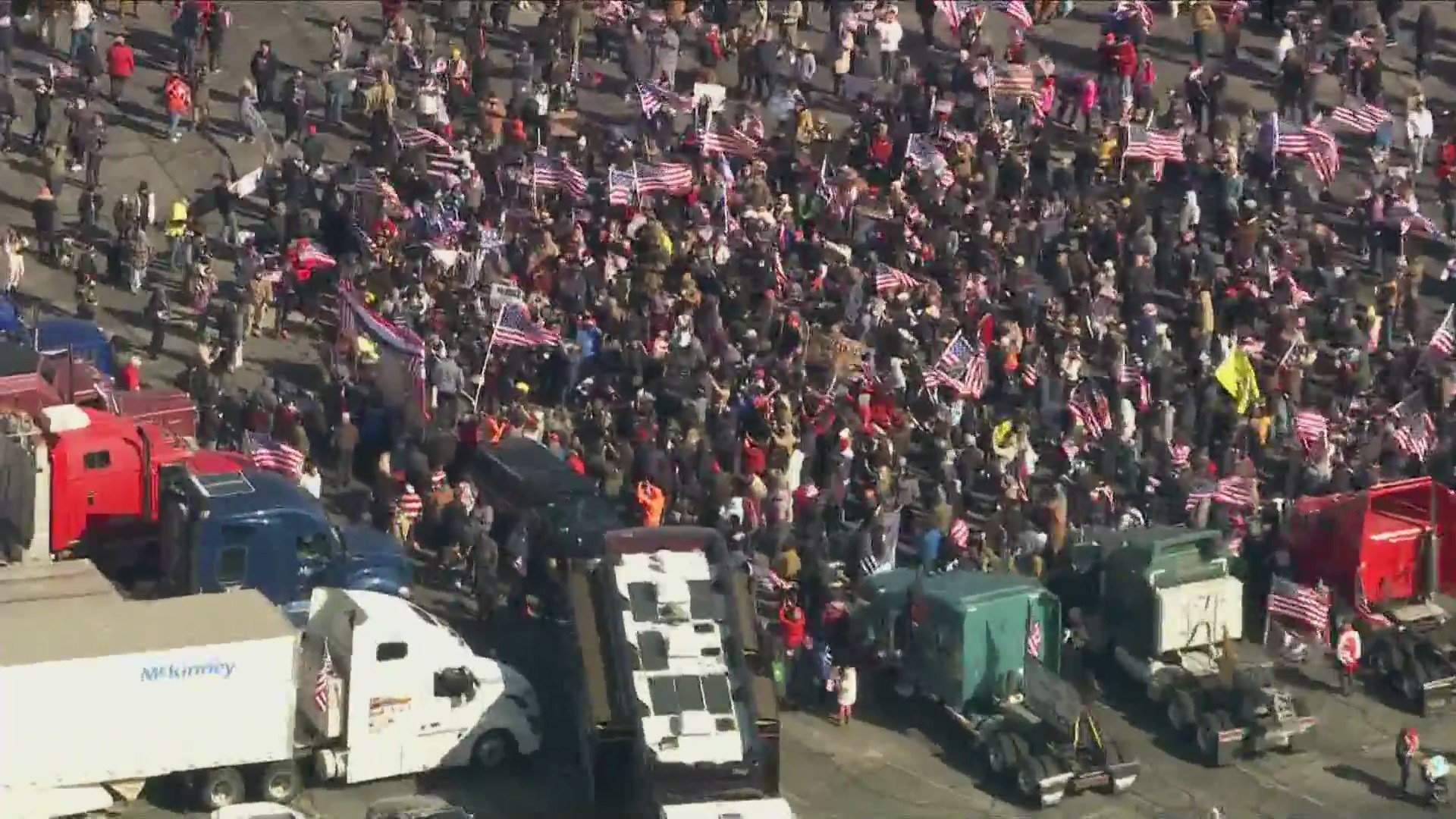 A convoy of truckers gathered in Adelanto on Feb. 23, 2022, as they kicked off their cross-country trip to Washington D.C. (KTLA)