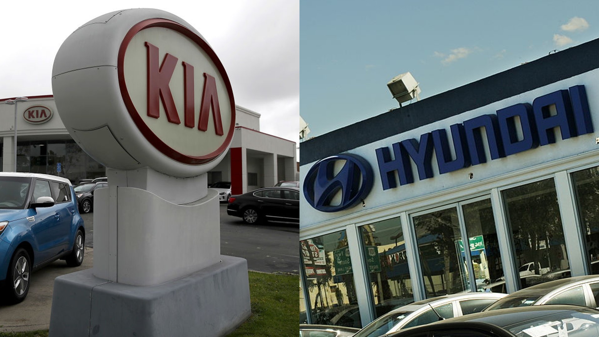 Kia and Hyundai dealerships are seen in this combination of photos from Getty Images.