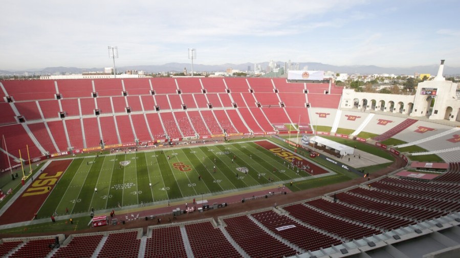 Overall view of the Los Angeles Coliseum before an NCAA college football game between Southern California and Washington State in Los Angeles, Sunday, Dec. 6, 2020. (AP Photo/Alex Gallardo, File)