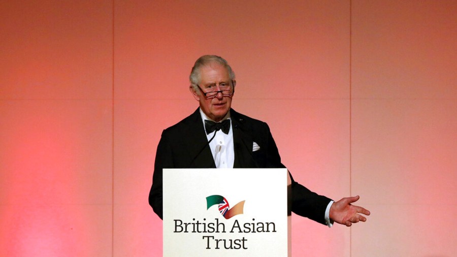 Britain's Prince Charles speaks at a reception to celebrate the British Asian Trust at The British Museum in London, Wednesday, Feb. 9, 2022. (Tristan Fewings/Pool Photo via AP)