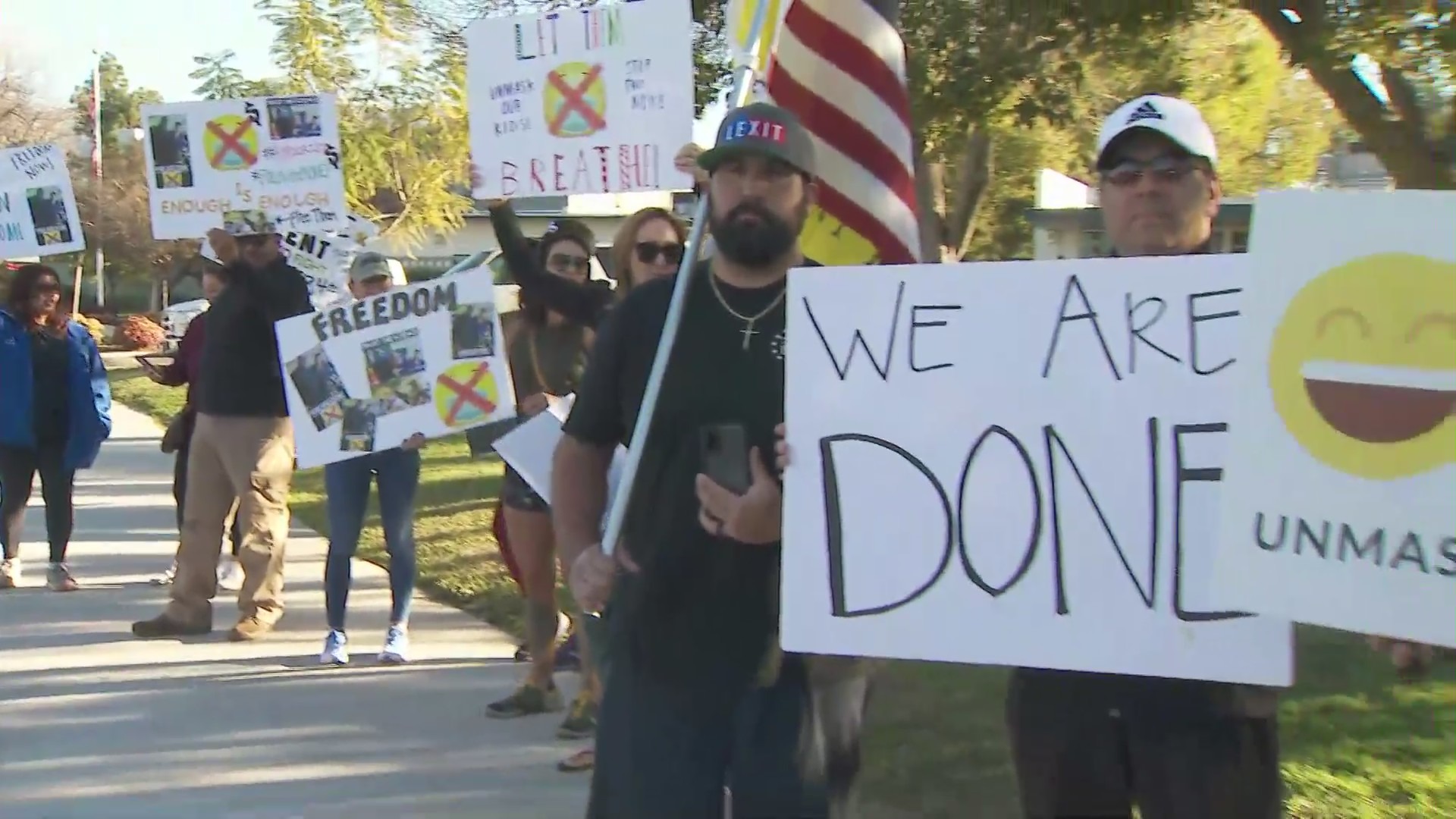 A mask mandate protest held outside Bonita High School in La Verne Feb. 7, 2022. (KTLA)