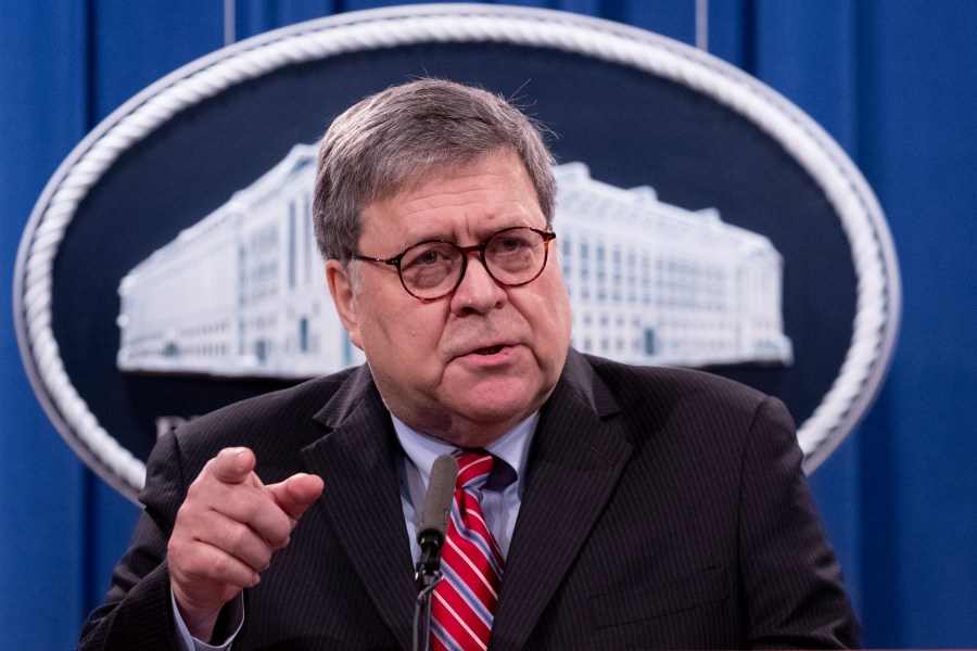 Attorney General William Barr speaks during a news conference in Washington on Dec. 21, 2020. (Michael Reynolds/Pool via AP)