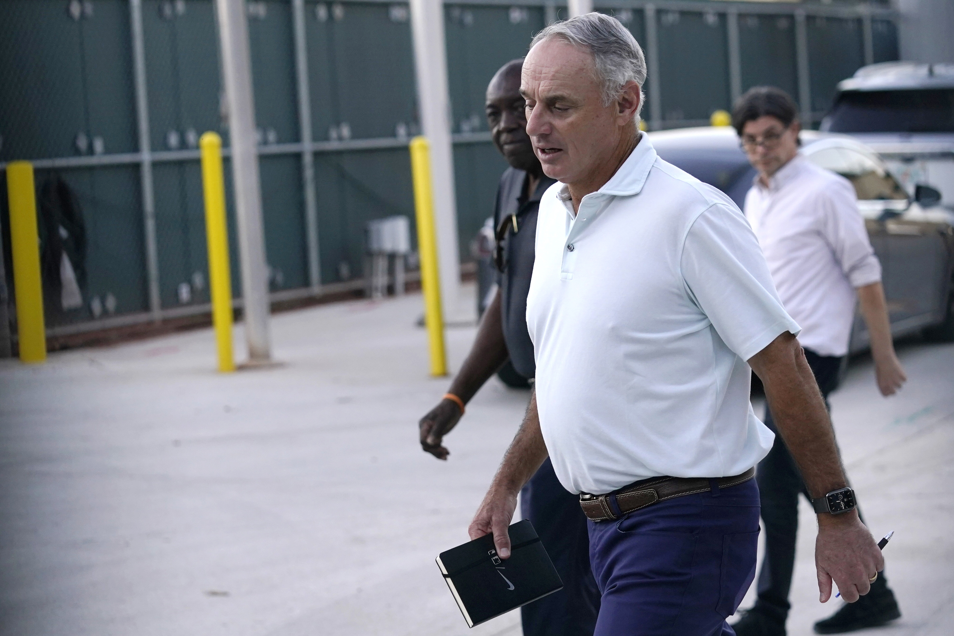 Baseball Commissioner Rob Manfred outside Roger Dean Stadium on Feb. 28, 2022, in Jupiter, Fla. after a labor negotiating session with baseball players. (Lynne Sladky/Associated Press)