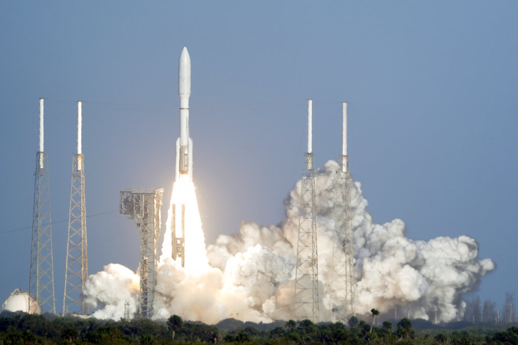 A United Launch Alliance Atlas V rocket, carrying America’s newest weather satellite, lifts off from Space Launch Complex 41 at the Cape Canaveral Space Force Station, Tuesday, March 1, 2022, in Cape Canaveral, Fla. The satellite will be designated GOES-18 and will improve wildfire and flood forecasting across the western half of the country. (AP Photo/John Raoux)