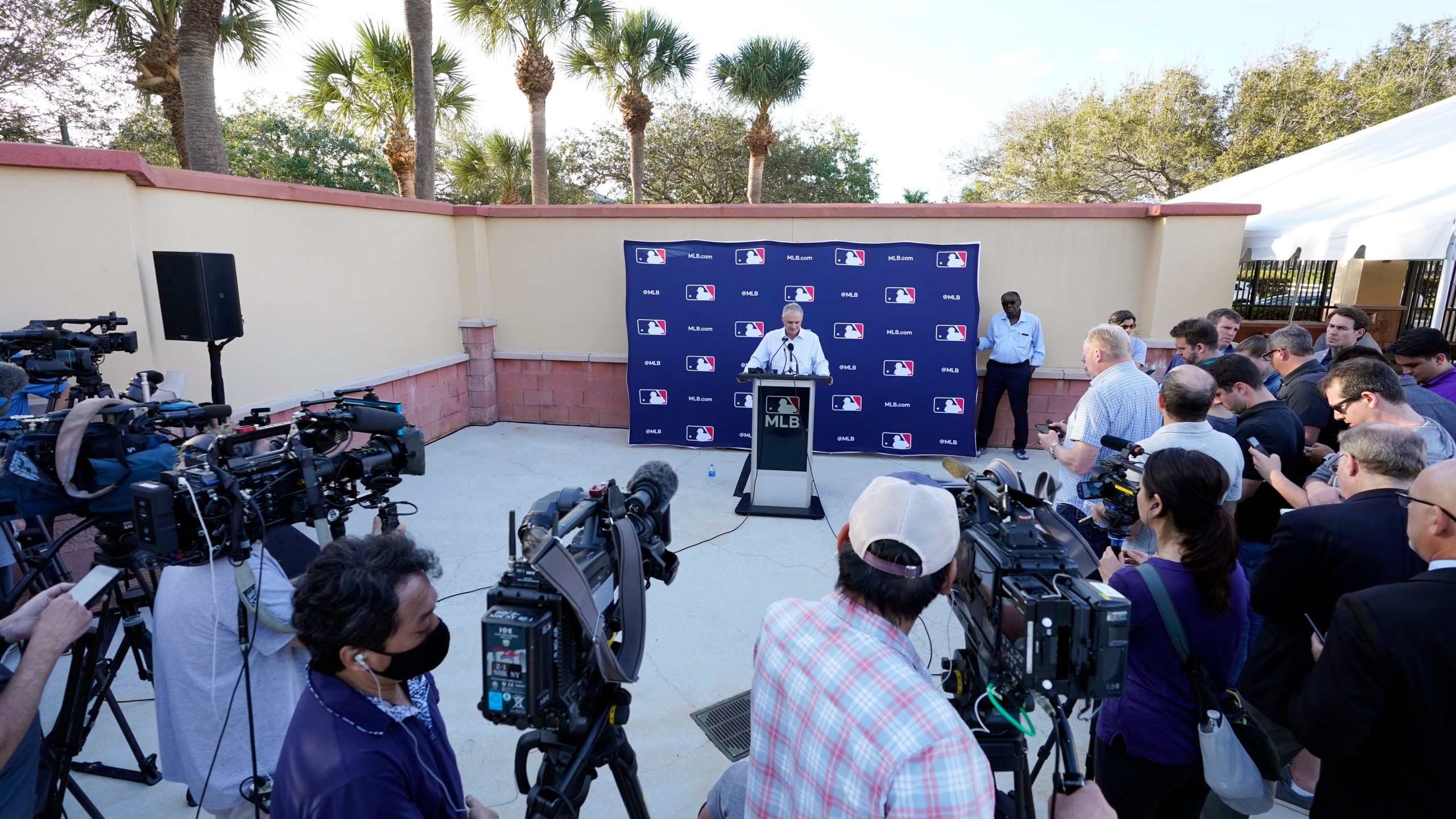 Major League Baseball Commissioner Rob Manfred speaks during a news conference after negotiations with the players' association toward a labor deal on March 1, 2022, at Roger Dean Stadium in Jupiter, Fla. (Wilfredo Lee/Associated Press)