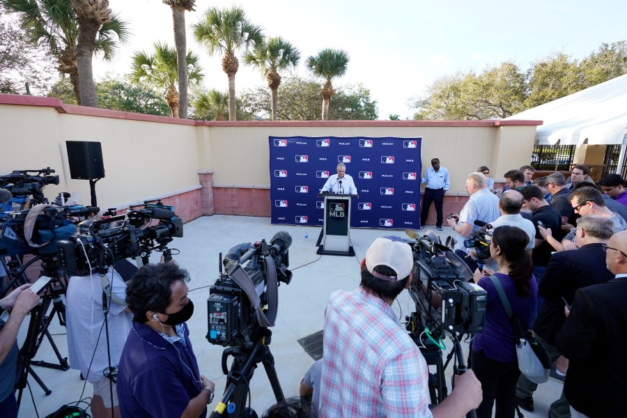 Major League Baseball Commissioner Rob Manfred speaks during a news conference after negotiations with the players' association toward a labor deal on March 1, 2022, at Roger Dean Stadium in Jupiter, Fla. (Wilfredo Lee/Associated Press)