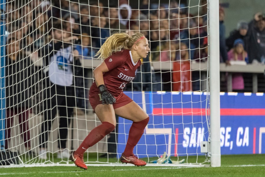 In a photo provided by Stanford Athletics, Stanford goalkeeper Katie Meyer guards the goal against North Carolina in the NCAA soccer tournament championship match on Dec. 8, 2019, in San Jose. (Jim Shorin/Stanford Athletics via AP)