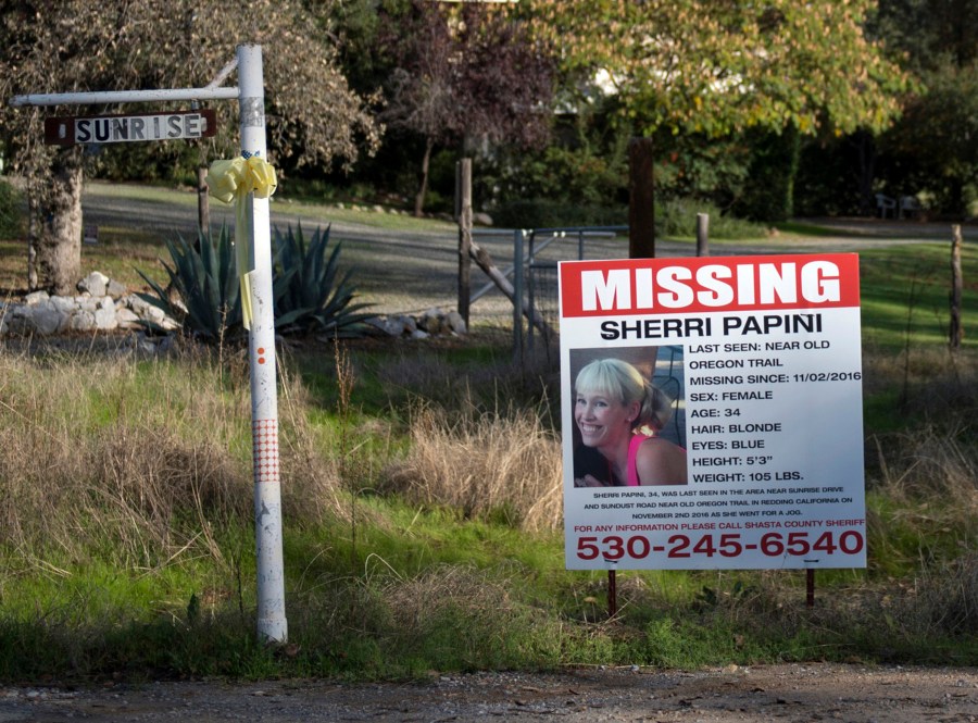 In this Nov. 10, 2016, file photo, a "missing" sign for Mountain Gate, Calif., resident Sherri Papini, is seen along Sunrise Drive, near the location where the mom of two was believed to have gone missing while on an afternoon jog. (Andrew Seng/The Sacramento Bee via Associated Press)