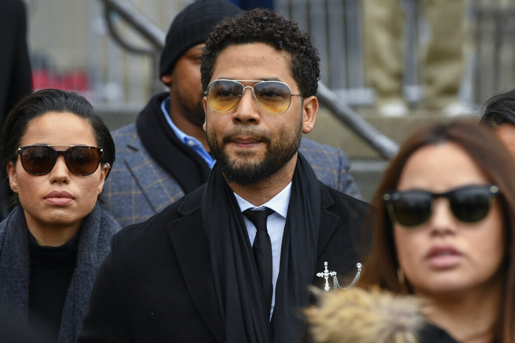 Former "Empire" actor Jussie Smollett leaves the Leighton Criminal Courthouse in Chicago, Monday Feb. 24, 2020. (AP Photo/Matt Marton File)